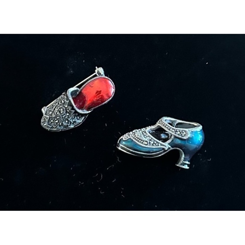 Museum Fine Arts Boston 925 Shoe Pins Brooches Red Blue Enamel Marcasite MFA‎